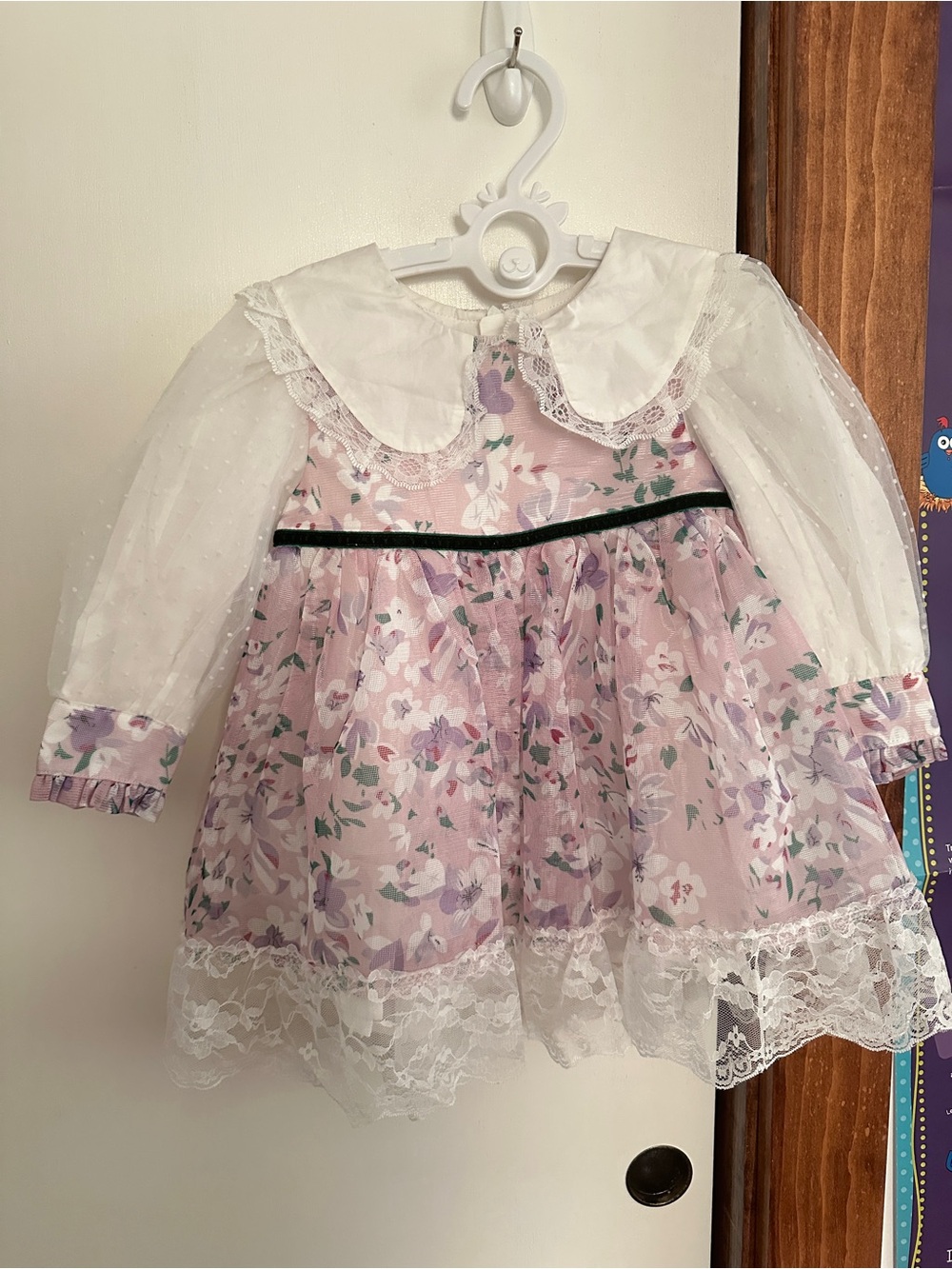 Vintage-style girl dress pink purple floral print whimsical lace collar Sz 2T/3T